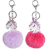 2Pcs Llaveros Unicornio con Pompón de Pelo Llaveros de Peluche Originales Cadena de Clave para Decoración de Llaves Coche Bolsa Mochila Teléfono Regalo para Mujer Niñas de Cumpleaños Navidad