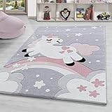 SIMPEX Alfombra infantil con diseño de unicornio, arcoíris, pelo corto, color rosa, gris, blanco, tamaño: 120 x 170 cm