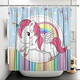 SDOTPMT 122x183cm Lindo Dibujos Animados Unicornio Cortina de Ducha Arcoíris Fantasía Bebé Animal Cortina de baño Estrella Vistoso Rayas Cortina de bañera Impermeable para Baño con Ganchos