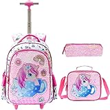 Mochila con Ruedas para Niñas con Estuche para Lápices y Bolsa para el Almuerzo, Niños Mochila con Diseño Lentejuelas, Mochila 3 en 1 con Ruedas Libros para Niñas Adolescentes, 35×18×50 cm, 16 ''