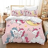 Funda nordica Unicornio 135X200 cm Juego de Cama para niñas Juego de Funda nórdica con Estampado de Unicornio de Dibujos Animados en 3D Rosa con 2 Fundas de Almohada 50x75cm