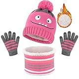 Voqeen Niños Beanie Hat Snood Bufanda Guantes Set 3 en 1 Invierno cálido dinosaurio tejido sombrero bufanda guantes conjunto con forro polar para niños niñas juegos de accesorios deportivos (A-Rosa)