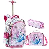 IvyH Mochila para Niñas, Mochilas Escolares con Ruedas Primaria Mochila Lentejuelas con Bolsa de Almuerzo Estuche para lápices 4 Ruedas Bolsa Trolley para Infantiles Chica(Unicornio rosa)