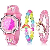 Yaomiao 3 Piezas de Reloj de Unicornio y Pulsera Unicornio de Niños Reloj Digital de Luces de 7 Colores con Cronómetro de Alarma Regalo de San Valentín para Niñas de 3 a 10 Años (Estilo Encantador)