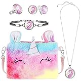 Hifot Peluche Unicornio Bolso Bandolera niña Joyas Set, Unicorn Collar Pulsera Pendientes Anillos Joyería Regalo, Artículos de Fiesta