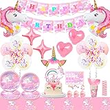 167 Pcs Decoraciones Cumpleaños Unicornio,Incluir Unicornio Cumpleaños Pancarta Globos y Vajilla de Unicornio Cumpleaños Platos Taza Pajitas Servilletas Mantel Unicornio Cumpleaños Niña(16 Invitados)