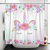 SDOTPMT 180x180cm Lindo Unicornio Cortina de Ducha Caricatura Unicornio Magia Cabeza con Dorado Polvos Flor Cortina de baño Blanco Fondo Cortina bañera para Baño Poliéster con Ganchos