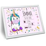 LolaPix Unicornio Cuadro Bebe Personalizado con Datos de Nacimiento. Nombre/Fecha/Hora/Peso/Altura. Regalos Recién Nacido. Marco Natalicio. Varios Diseños. Tamaño 30x40 cm. Unicornio Rosa