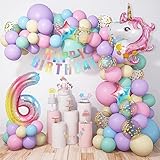 Unicornio Globos Guirnalda Arco 6 Años, 120 Piezas Pastel Globo Kit Decoracion Cumpleaños con Globo Número 6 Feliz Cumpleaño Banner Estrella Látex Macaron Rosa Púrpura Azul Confeti Globos Mujer Niños