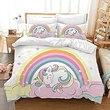 Hoimlm Juego de ropa de cama de unicornio de 220 x 240 cm, juego de ropa de cama con funda de edredón y 2 fundas de almohada, dibujos animados, unicornio, microfibra, ropa de cama suave