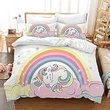 Hoimlm Juego de ropa de cama de unicornio de 220 x 240 cm, juego de ropa de cama con funda de edredón y 2 fundas de almohada, dibujos animados, unicornio, microfibra, ropa de cama suave