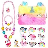 BIQIQI Peluche Bolso Bandolera Niñas, Regalos de Unicornio Joyas Set Unicornio Accesorios con Clips de Pelo de Unicornio Arcoiris Collar Pulsera Anillo Pendiente para Niñas Vestirse y Juego de Roles