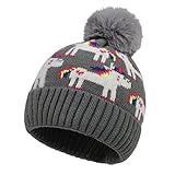 Cheerful Mario Invierno Gorra de Punto con Cálida Felpa Forrada para Niñas 3-9 Años Lindo Unicornio Pompón Esponjoso Gris B