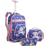 Mochilas Escolares con Ruedas Niños,3PCS Mochila Carro Bolsa del Almuerzo y Estuche de Lápices Bolsos Escolares para Chicas,18' Niñas 5-12 Años,Mochilas con Ruedas de Unicornio Púrpura para Niñas