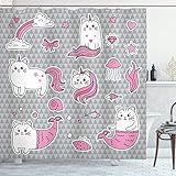 ABAKUHAUS Gato del Unicornio Cortina de Baño, Gato de la Sirena, Material Resistente al Agua Durable Estampa Digital, 175 x 200 cm, Gris pálido Rosa Blanco