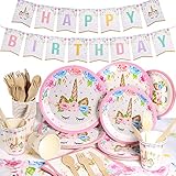 Yosemy Vajilla de Unicornio Cumpleaños 114pcs/16 Set Accesorio de Decoración de Fiesta de Cumpleaños Utensilios para Celebración Pancarta, Platos, Pajitas, Servilletas y Mantel Resistente–Rosa