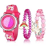 3 Relojes y Pulseras de Unicornio Reloj Digital Impermeable de Dibujos Animados en 3D de 7 Luces de Colores con Alarma para Niñas de 3 a 10 Años (Estilo Divertido)