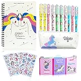 25 Piezas Bolígrafo Regalos de Unicornio para Niñas, Set de Papelería y Estuche Escolar y Cuaderno Libreta de Notas y Notas Autoadhesivas y Pegatina, Regalo para Niños 6 7 8 9 10 años (25 piezas）