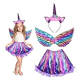 Disfraz de Unicornio para niñas de 3 Piezas MEZZOM Falda Unicornio para niñas con Diadema de Unicornio Vestido de tutú Falda de alas de Arco Iris para Fiestas de cumpleaños