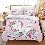 Funda nordica Unicornio 220X240 cm Juego de Cama para niñas Juego de Funda nórdica con Estampado de Unicornio de Dibujos Animados en 3D Rosa con 2 Fundas de Almohada 50x75cm