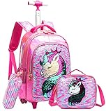 Mochila con Ruedas de Unicornio para niñas, Mochilas con Ruedas de Equipaje para niños, Mochilas para Estudiantes de Primaria con Fiambrera, Carrito, Rodillo de Viaje