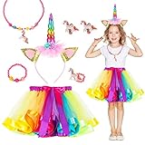 Disfraz Unicornio Niña, Unicornio Falda Princesa Niñas, 1 x diadema de unicornio, 1 x collar de arco iris, disfraz de unicornio para niñas para cosplay, cumpleaños de niños, carnaval.