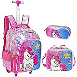 Wenlia Mochila con ruedas, estuche para lápices, bolso de hombro 3 en 1 para estudiantes, bolso con ruedas de unicornio con lentejuelas brillantes, bolso escolar, estuche para equipaje para niñas