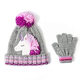 accsa Guantes y Gorro Invierno Niña Unicornio Sombrero de Punto con Pompón Grueso Cálido Forro Polar Conjunto de Sombreros de Guantes para 6-9 Años