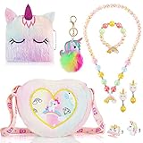 Hifot Unicornio Peluche Bolso Joyas Set para Niñas, Unicorn Bandolera Collar Pulsera Anillos Pendientes Llavero, Princesa Joya Regalo Fiesta Accesorios Vestido Dress up