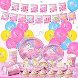 DAOUZL Vajilla de Fiesta de Unicornio, 101 Pcs Fiesta Unicornios para Niñas, Unicorn Party Kit con Plato de Papel Vaso de Papel Servilleta Mantel etc,Decoraciones Cumpleaños Unicornio,16 Invitados