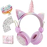 Unicornio Auriculares Niños Inalambricos con Luz LED,Límite de Volumen de 85dB Auriculares Bluetooth Niños, Auriculares Diadema Niños con Micrófono,Cascos Niños para PC/IPad/Estudio/Viaje Regalos