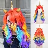 Hifot Peluca Unicornio Mujer, Peluca Niña con Orejas y Cuerno, Peluca Arcoiris para Disfraces, Fiesta de Cumpleaños, Accesorios para el Cabello