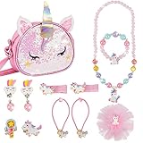 Bolso para Niños con Juego de Joyas, MEOWMEE 12 piezas Bolso de Hombro para Niñas Joyas para Niños Collar Pulsera Anillos Pendientes Accesorios para el Cabello Vestido de Fiesta para Niñas