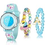 3 Relojes y Pulseras de Unicornio Reloj Digital Impermeable de Dibujos Animados en 3D de 7 Luces de Colores con Alarma para Niñas de 3 a 10 Años (Estilo Lindo)