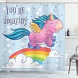 ABAKUHAUS Partido del Unicornio Cortina de Baño, Pony en el Cielo, Material Resistente al Agua Durable Estampa Digital, 175 x 180 cm, Multicolor