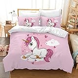 Funda Nórdica Unicornio, Ropa de Cama de Microfibra de Unicornio de Dibujos Animados, Juego de Cama para niñas y niños, Funda nórdica con Cremallera y 2 Fundas de Almohada (Unicornio A, 135 x 200 cm)