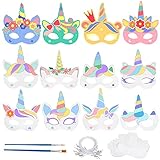 24pcs Máscaras de Unicornio Máscaras en Blanco para Colorear Bricolaje Máscaras de Grafiti de Papel 24 Cuerdas elásticas 2 Pincel para Pintar Cumpleaños Cosplay para Fiesta Halloween Navidad