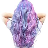 STfantasy Pelucas mujer pelo natural largo rizado con flequillo colores rosa azul púrpura sintético unicornio peluca carnaval halloween fiesta de disfraces Cosplay