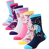 ANTSANG Niños Algodón Crew Calcetines para niñas niños pequeños Moda Lindo Cartoon Calcetines de animales de dibujos animados 6 Pack(Unicornio I.,5-8 años )