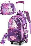 Unicornio Morado Mochilas Escolares Niña Niños con Ruedas,Mochilas Trolley Escolares 3 en 1 Mochila niñas Chico Genial Bolsa de Almuerzo Estuche Escolares Equipaje de Viaje y Adolescentes 42x30x15CM