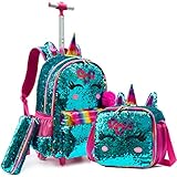 Mochilas Escolares con Ruedas para Niñas 3PCS Mochila Carro Bolsa del Almuerzo y Estuche de Lápices Bolsos Chicas 16' Mochila con Ruedas de Unicornio Verde para Niñas con Lentejuelas