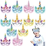 KUNHUI 12 Paquete Máscaras Papel Unicornio, Máscaras Papel Unicornio Arcoíris para Niños y Niñas, Ideal para Fiestas Cumpleaños Infantiles, Navidad, Halloween y Fiestas Temáticas