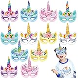 KUNHUI 12 Paquete Máscaras Papel Unicornio, Máscaras Papel Unicornio Arcoíris para Niños y Niñas, Ideal para Fiestas Cumpleaños Infantiles, Navidad, Halloween y Fiestas Temáticas