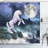 ABAKUHAUS Unicornio Cortina de Baño, El Rock hasta los acantilados de Imagen, Material Resistente al Agua Durable Estampa Digital, 175 x 200 cm, Lila Azul