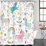 Ulticool Cortina de Ducha – Unicornio Caballo Nubes Estrella Arco Iris - 180 x 200 cm - Lavable - Resistente al Agua - con 12 Anillas