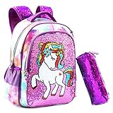 IvyH Mochila para niñas 2PCS con Estuche para lápices para niñas Unicornio con Lentejuelas