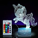 Luz de noche de unicornio para niños, juguetes de unicornio para niña, 16 colores cambiantes lámpara de noche con mando a distancia 1170