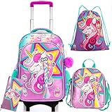 HTgroce Mochilas Escolares con Ruedas para Niña Carro Unicornio Mochilas con Carrito Escolares 5 in 1 Mochilas Escolares Ruedas Niña Mochila Escolar Trolley Infantiles Adolescentes Primaria Viaje.