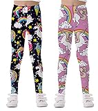 Coralup Leggings elásticos para niñas, pantalones casuales para niños, mallas con patrón floral, longitud completa, 2-13 años, Unicornio + unicornio, 7-8 Años