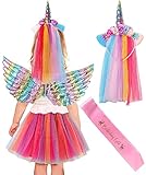 vamei 4 Piezas Disfraz Unicornio Niña con Falda Tutu Diadema Unicornio Alas Arcoiris Faja de Cumpleaños Disfraces Unicornio Halloween Carnaval Fiesta Unicornio Vestido para Niñas